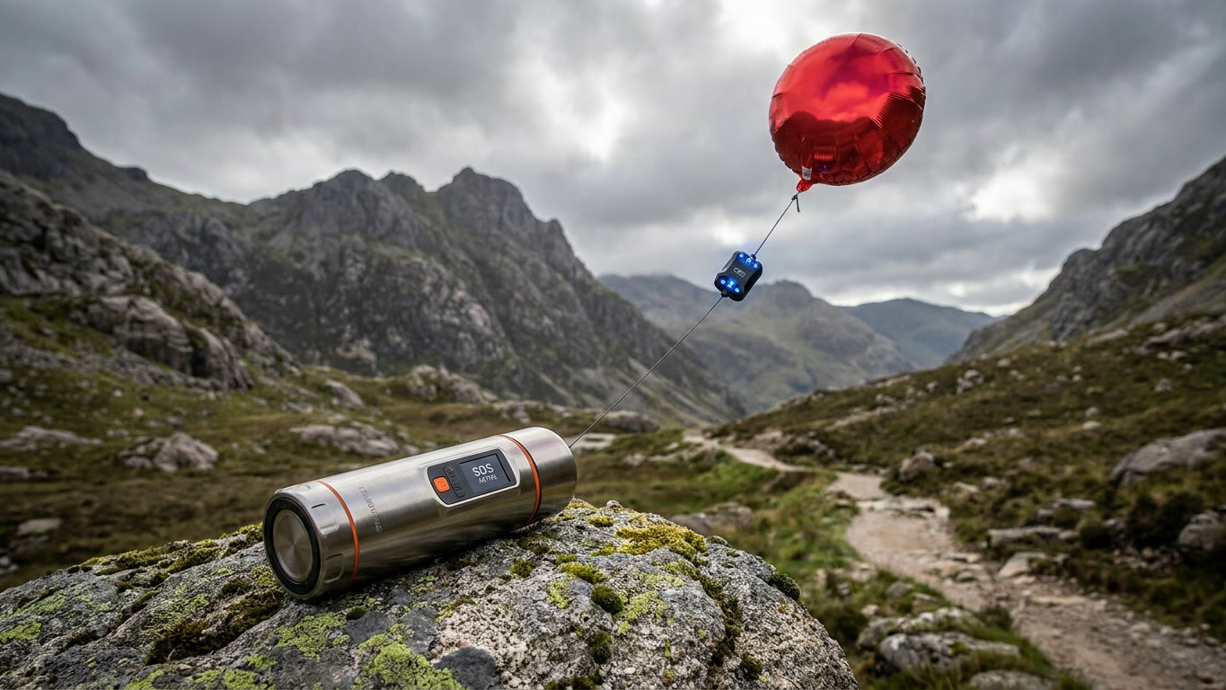 LiftSignal Skymarker emergency beacon deployed on rugged terrain with its signaling balloon aloft