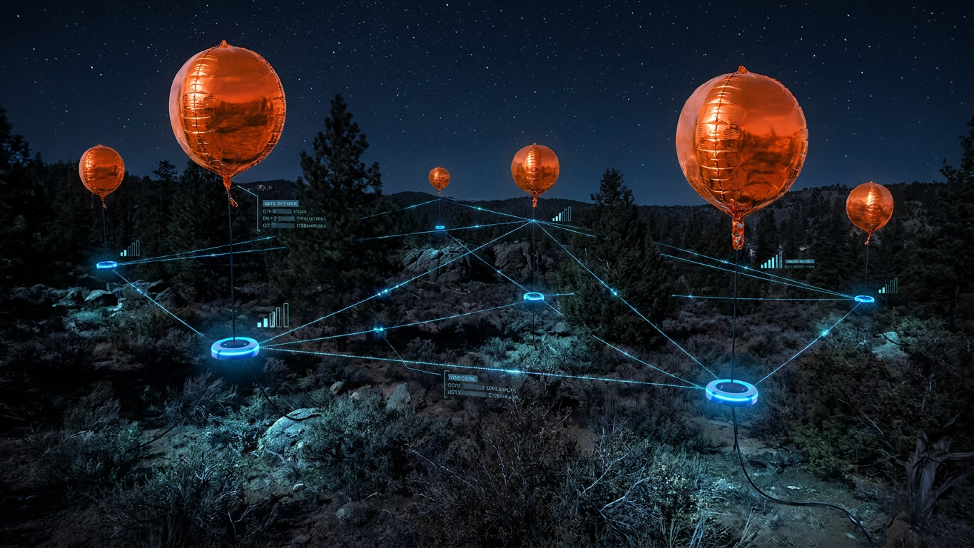 Skymarker balloon beacons forming an off-grid mesh network across mountainous terrain at night